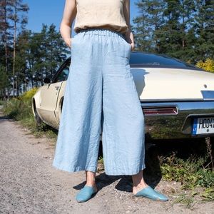 Not Perfect Linen Palazzo Wide Leg Pants Sky Blue